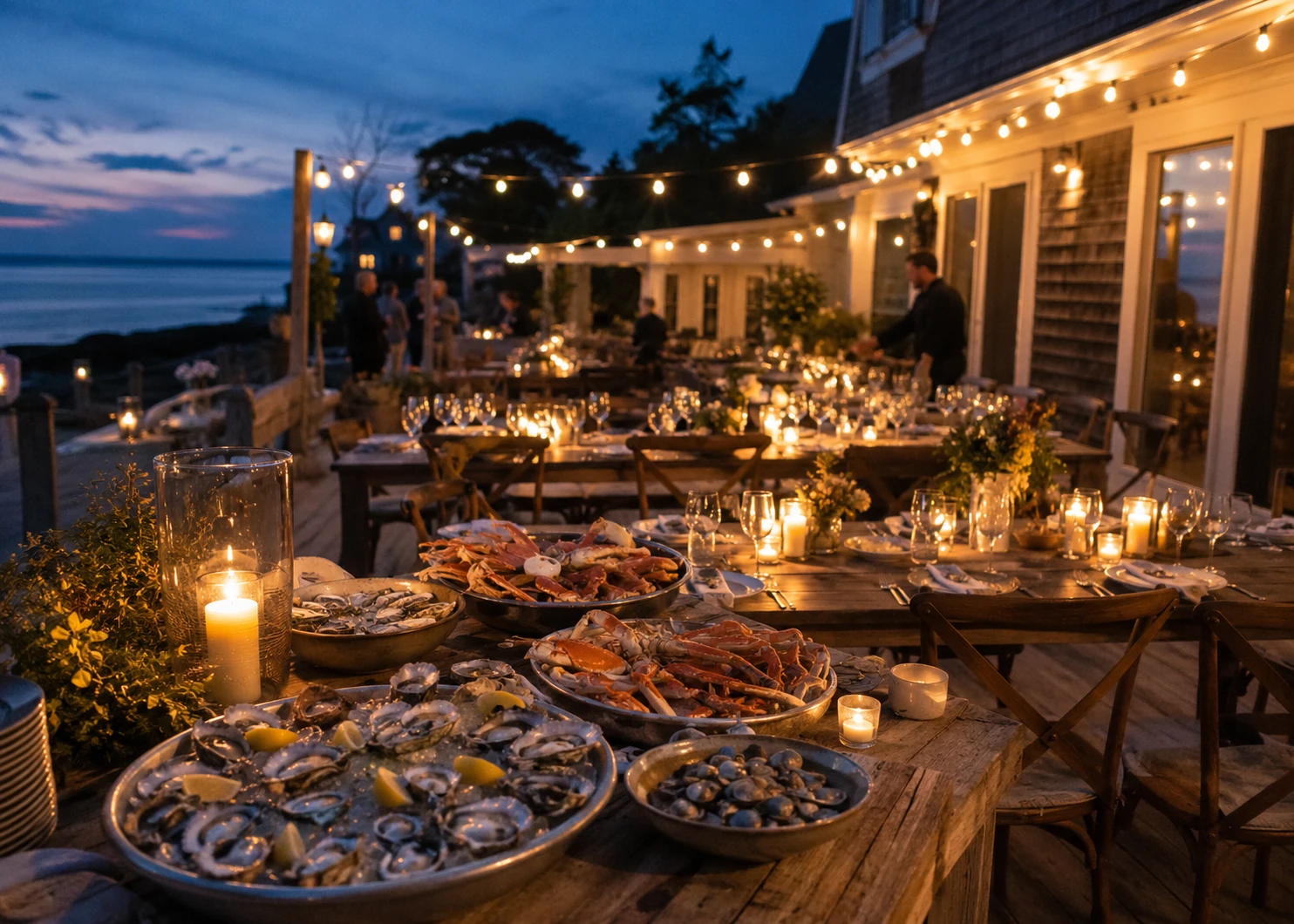 Coastal back-deck seafood event at dusk