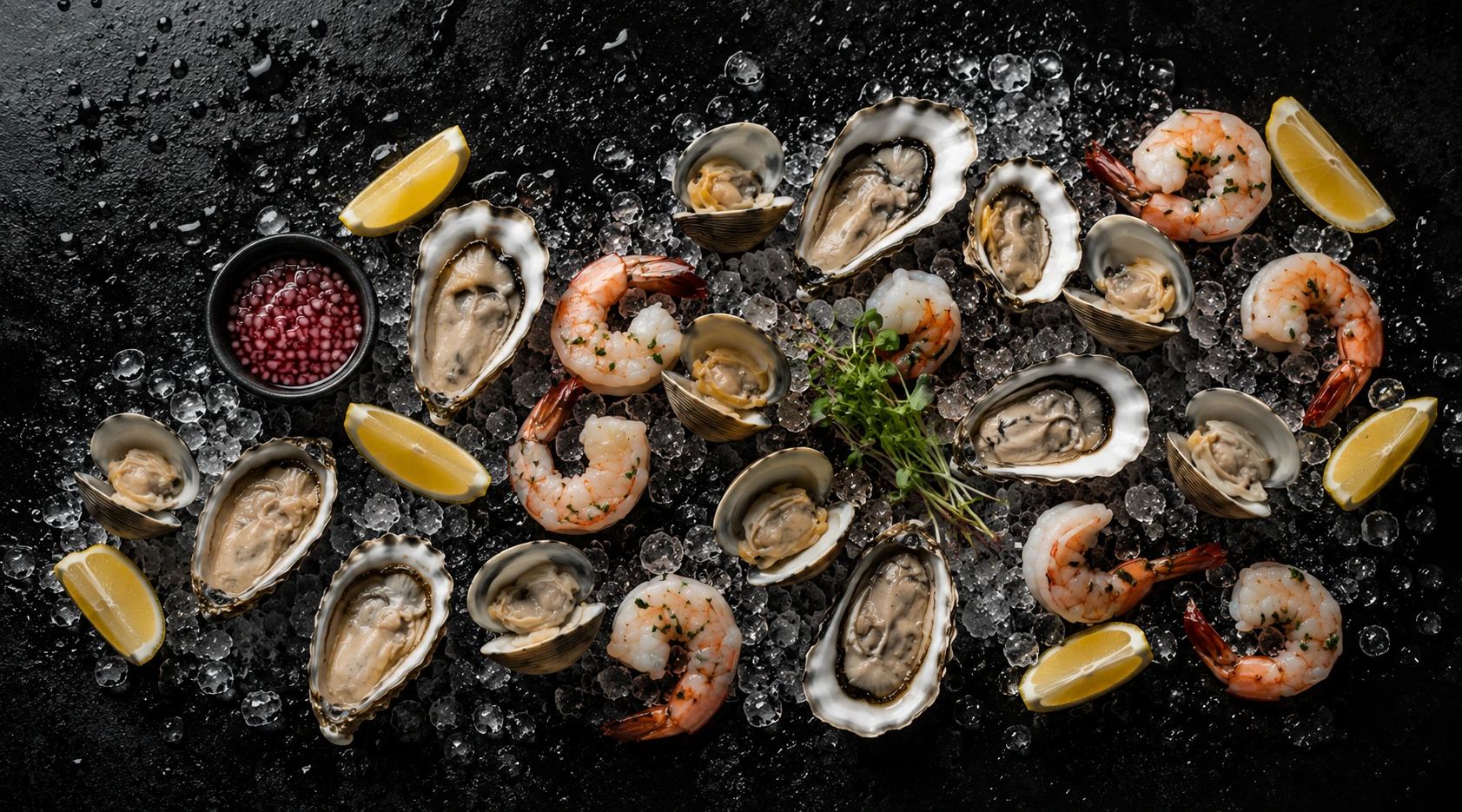 Raw bar board with oysters, clams, shrimp, lemon, ice, and mignonette