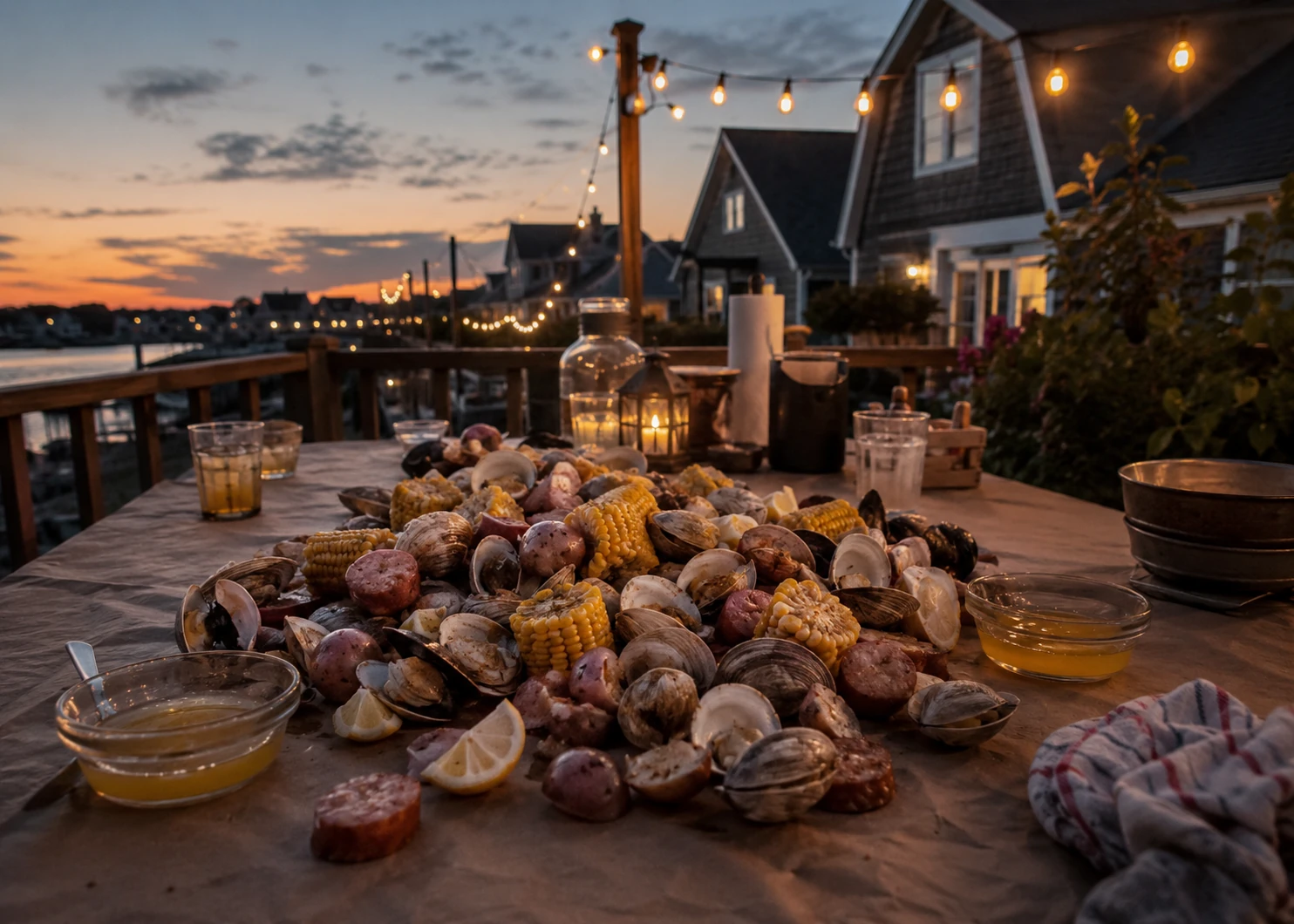Back-deck clambake table at dusk