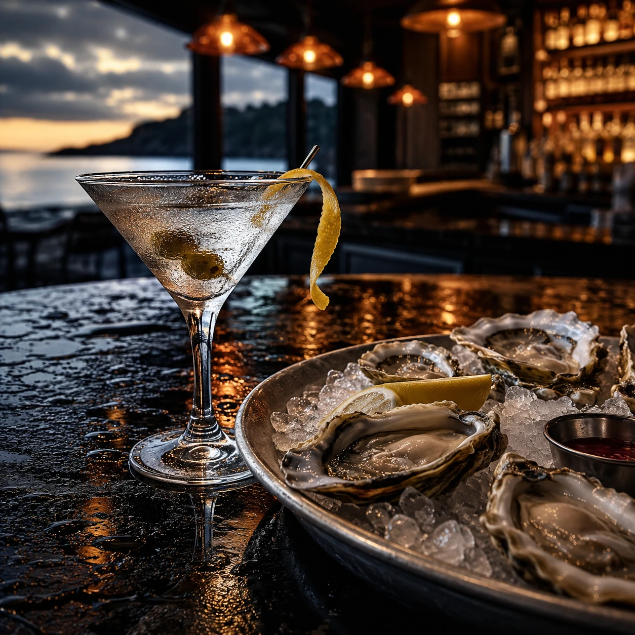 Martini and oyster happy hour scene