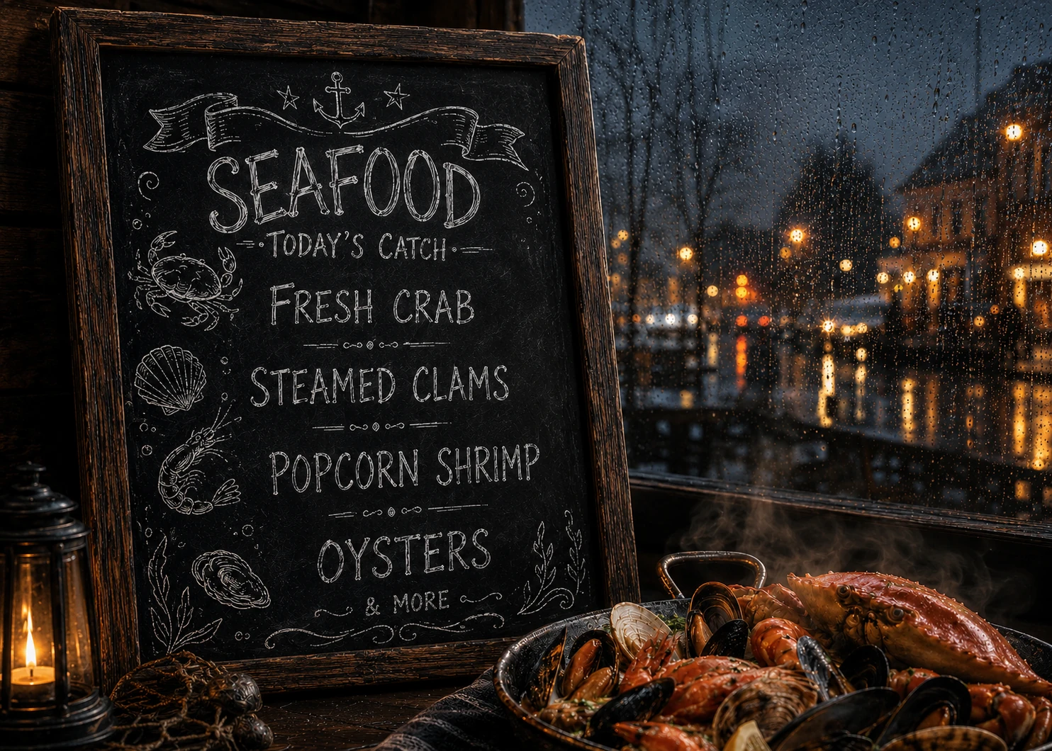 Rainy-day seafood chalkboard supper scene