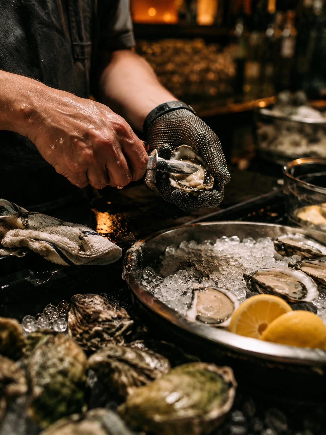 Shuck-line scene with oysters, ice, and a raw bar counter